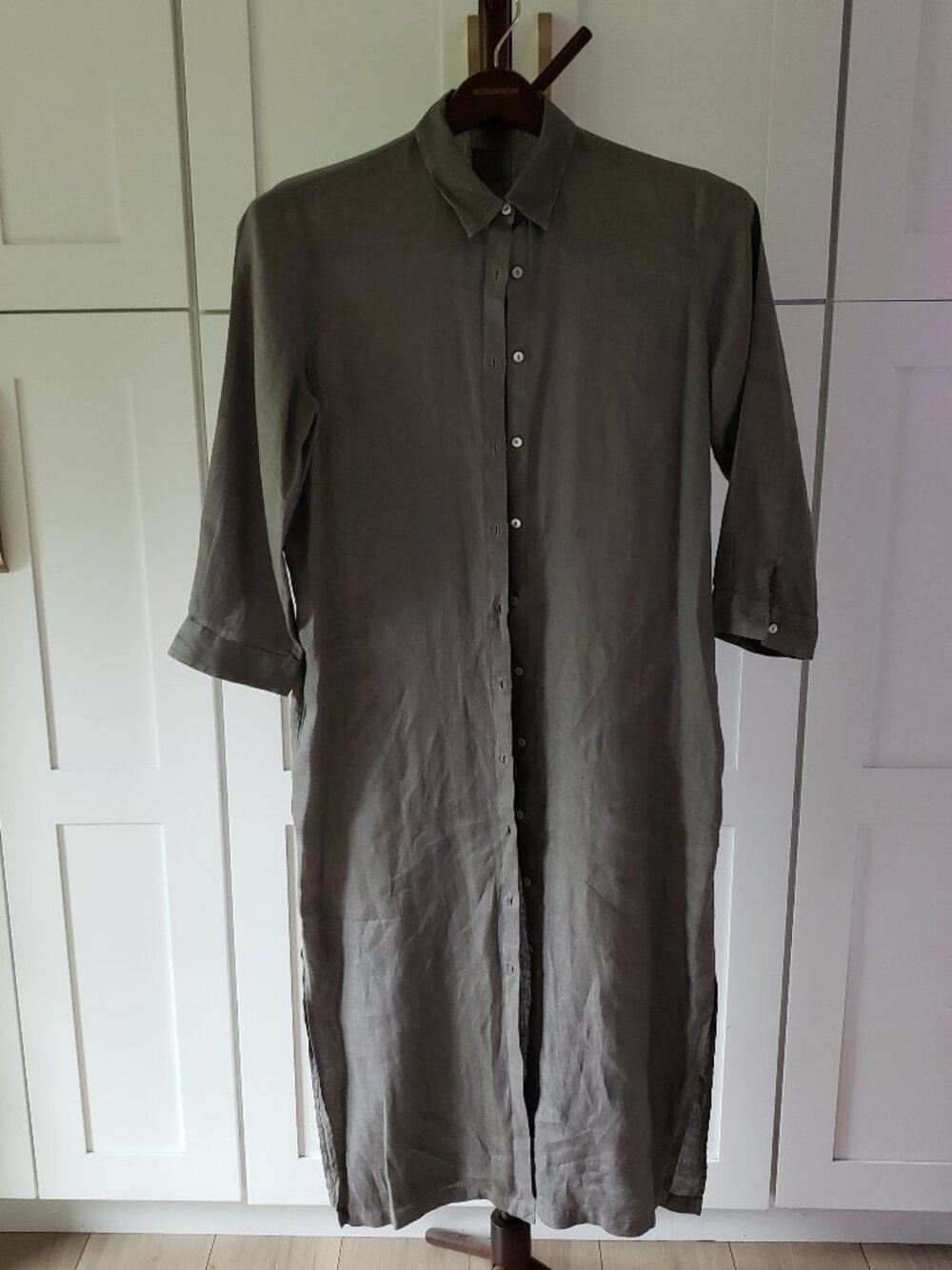 120% Lino The Ava Shirt Dress Womens 44 Olive Green